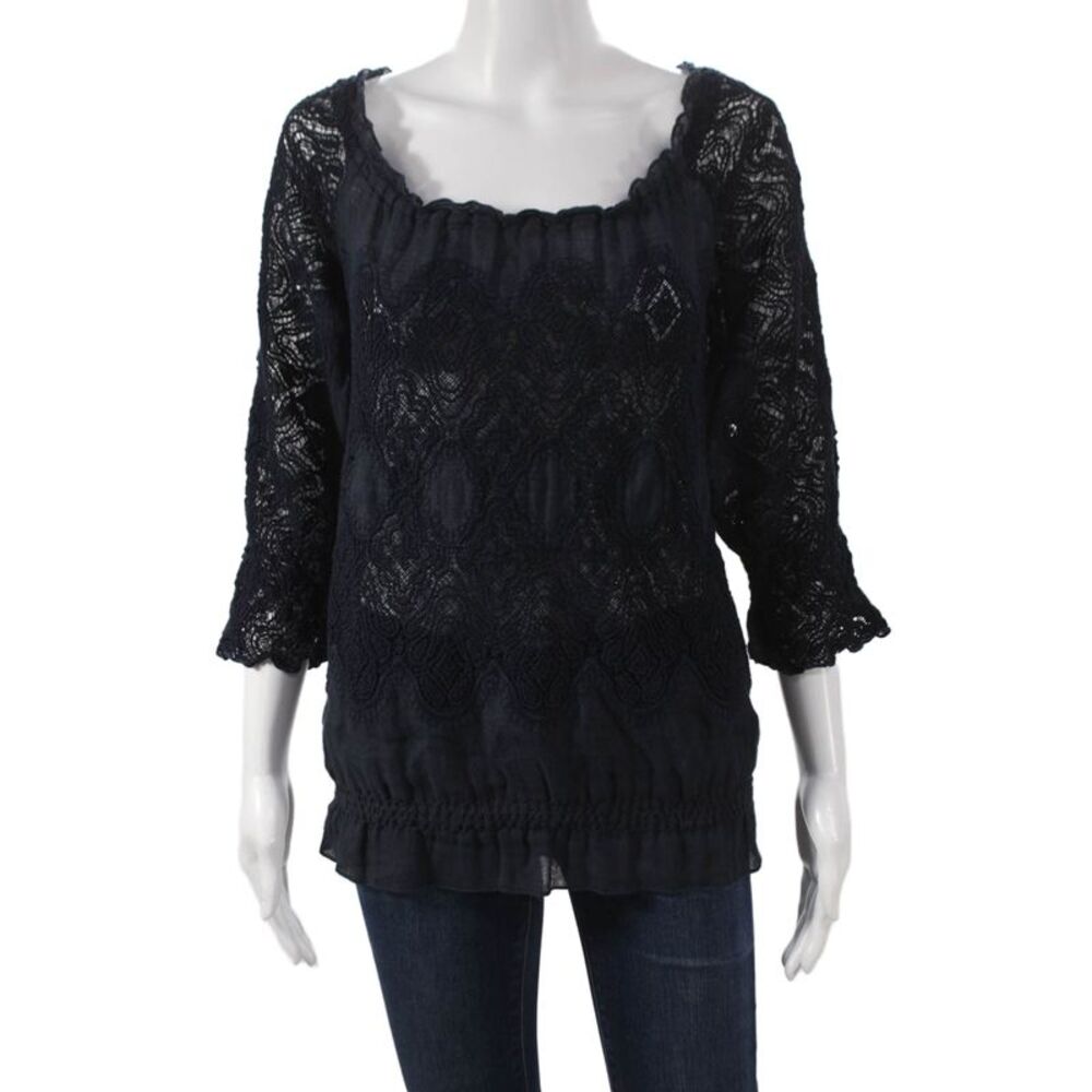 Temptation Positano Womens Tunic Linen Dark Blue Square Neck Size M